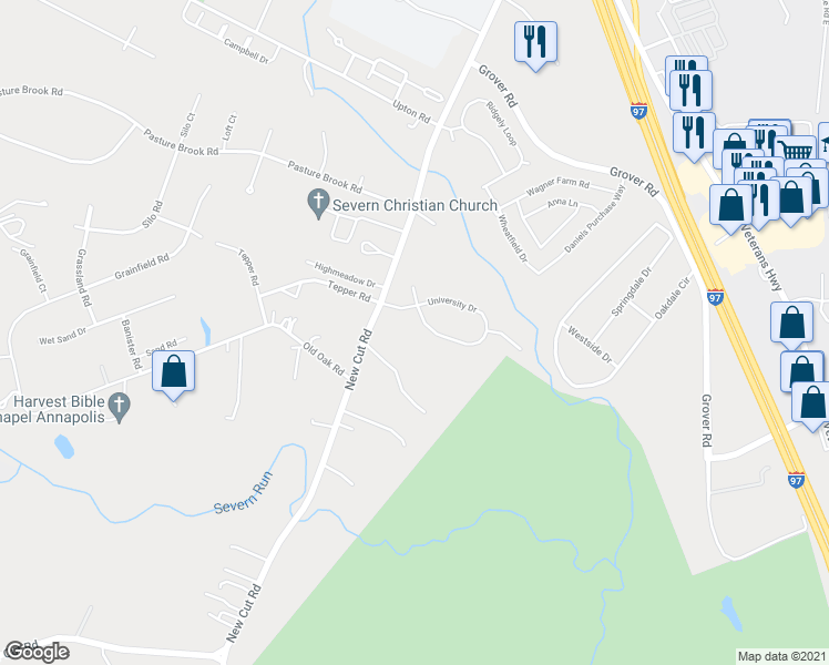 map of restaurants, bars, coffee shops, grocery stores, and more near 446 University Drive in Severn