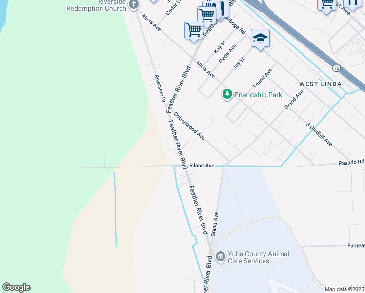 map of restaurants, bars, coffee shops, grocery stores, and more near 5543 Feather River Boulevard in Olivehurst