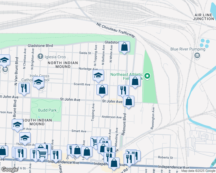 map of restaurants, bars, coffee shops, grocery stores, and more near 144 North White Avenue in Kansas City