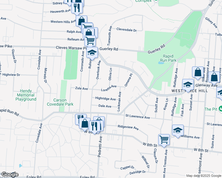 map of restaurants, bars, coffee shops, grocery stores, and more near 4723 Loretta Avenue in Cincinnati