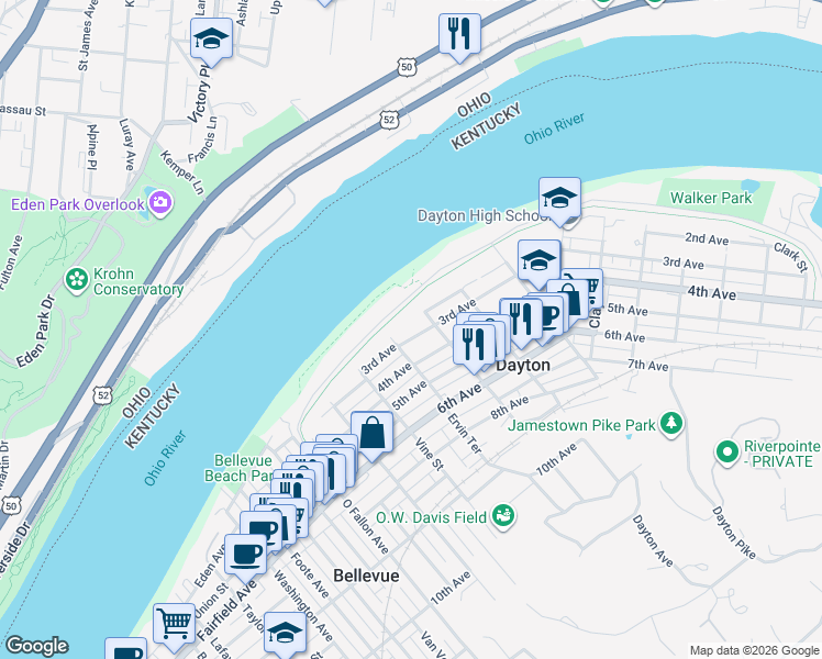 map of restaurants, bars, coffee shops, grocery stores, and more near 419 3rd Avenue in Dayton