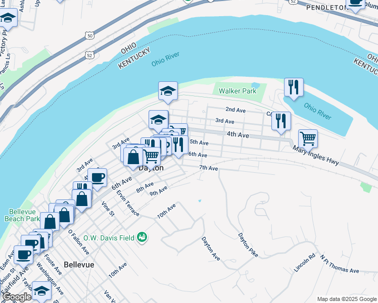 map of restaurants, bars, coffee shops, grocery stores, and more near 809 6th Avenue in Dayton