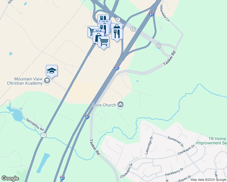 map of restaurants, bars, coffee shops, grocery stores, and more near 120 Agape Way in Stephens City