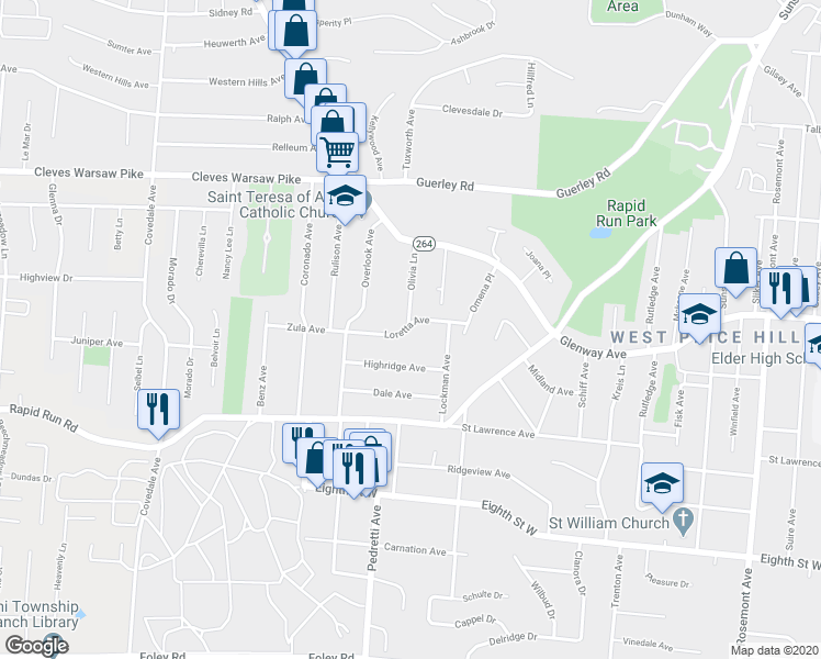 map of restaurants, bars, coffee shops, grocery stores, and more near 4725 Loretta Avenue in Cincinnati