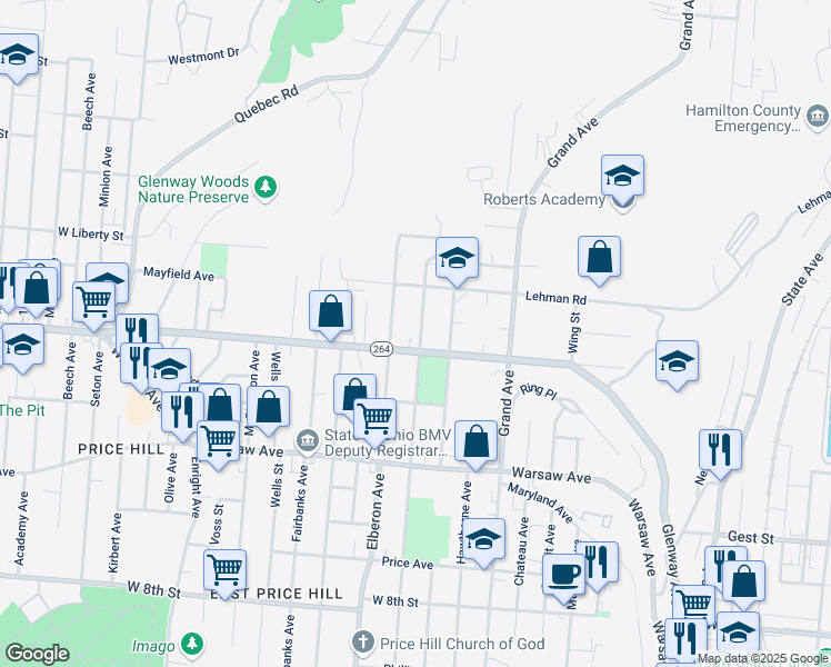 map of restaurants, bars, coffee shops, grocery stores, and more near 1213 Purcell Avenue in Cincinnati