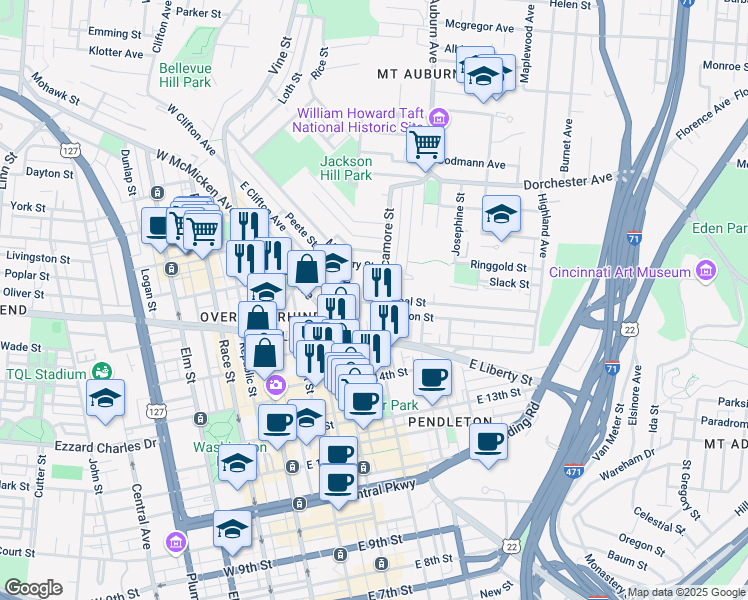 map of restaurants, bars, coffee shops, grocery stores, and more near 220 Schiller Street in Cincinnati