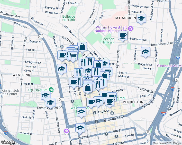 map of restaurants, bars, coffee shops, grocery stores, and more near 1630 Walnut Street in Cincinnati