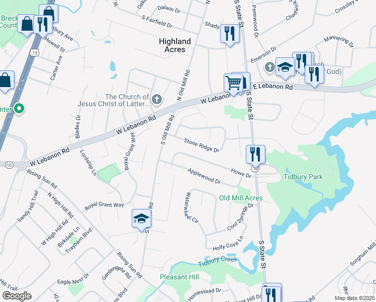 map of restaurants, bars, coffee shops, grocery stores, and more near 119 Howe Drive in Highland Acres