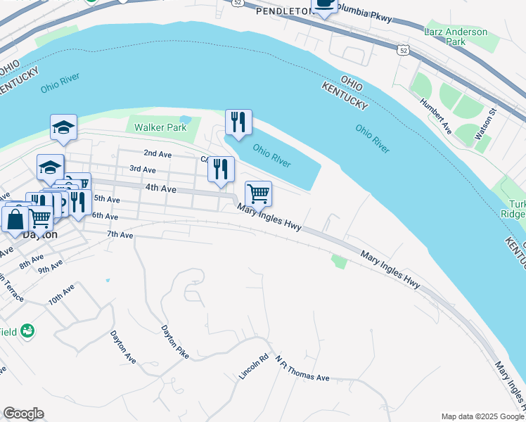 map of restaurants, bars, coffee shops, grocery stores, and more near 5 Mary Ingles Hwy in Dayton