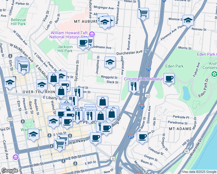 map of restaurants, bars, coffee shops, grocery stores, and more near 1718 Young Street in Cincinnati