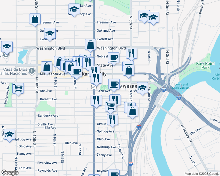 map of restaurants, bars, coffee shops, grocery stores, and more near 810 North 6th Street in Kansas City