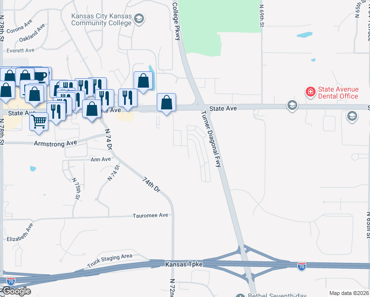 map of restaurants, bars, coffee shops, grocery stores, and more near 824 North 71 Street in Kansas City