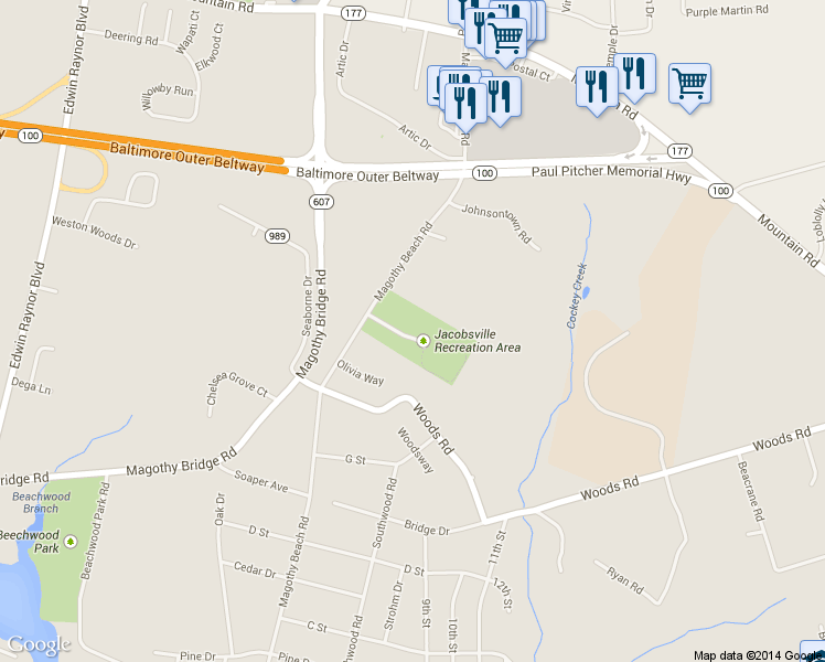 map of restaurants, bars, coffee shops, grocery stores, and more near 81 Magothy Beach Road in Pasadena