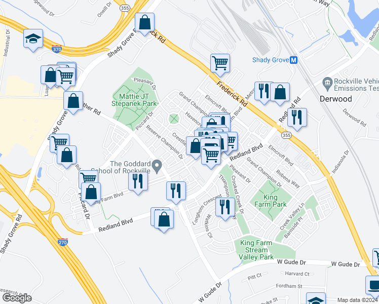 map of restaurants, bars, coffee shops, grocery stores, and more near 904 Crestfield Drive in Rockville