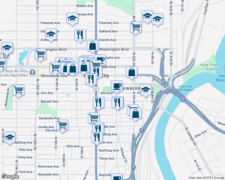 map of restaurants, bars, coffee shops, grocery stores, and more near 810 North 6th Street in Kansas City