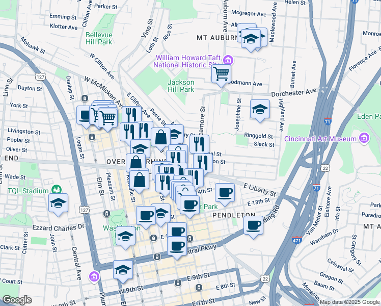 map of restaurants, bars, coffee shops, grocery stores, and more near 220 Schiller Street in Cincinnati