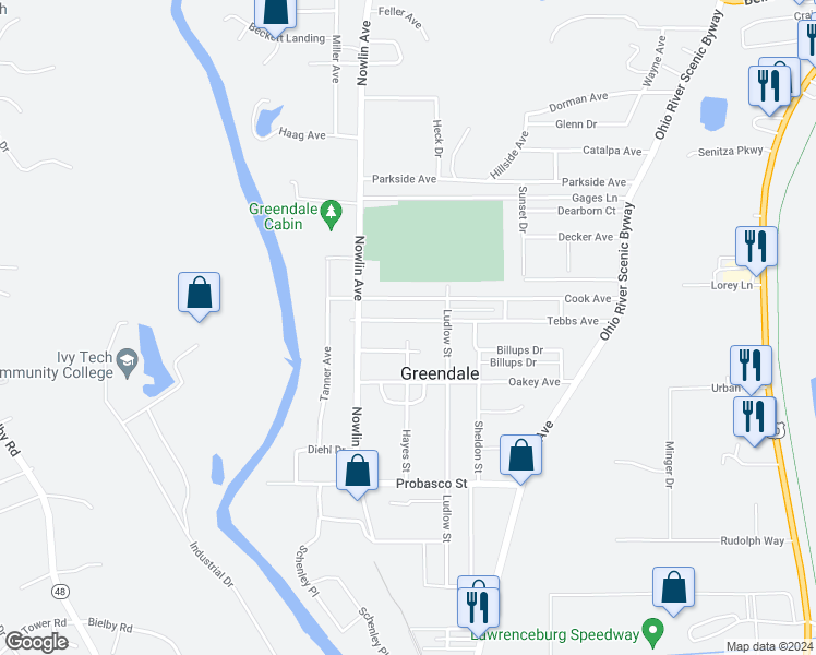 map of restaurants, bars, coffee shops, grocery stores, and more near 231 Tebbs Avenue in Greendale