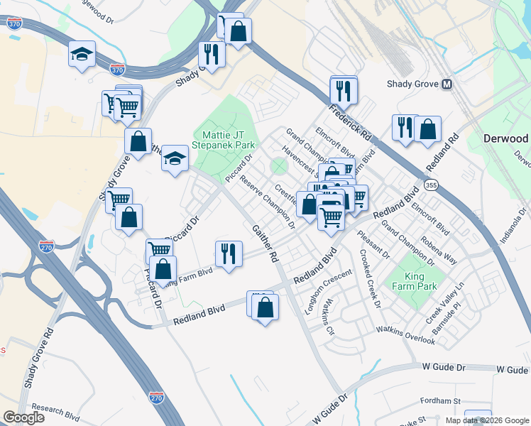 map of restaurants, bars, coffee shops, grocery stores, and more near 1023 Gaither Road in Rockville