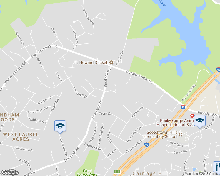 map of restaurants, bars, coffee shops, grocery stores, and more near 6802 Diploma Drive in Laurel