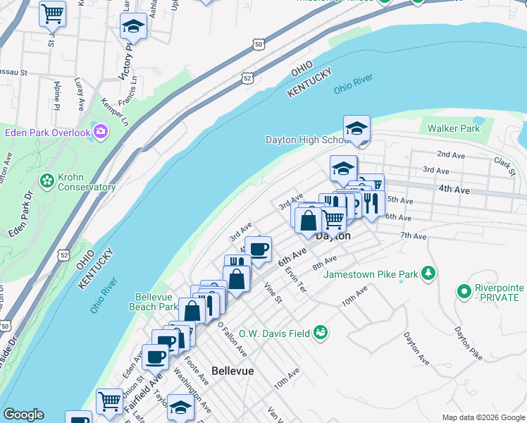 map of restaurants, bars, coffee shops, grocery stores, and more near 419 3rd Ave in Dayton