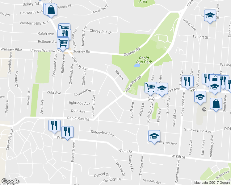 map of restaurants, bars, coffee shops, grocery stores, and more near 4660 Linda Dr in Cincinnati