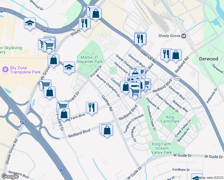 map of restaurants, bars, coffee shops, grocery stores, and more near 1000 Reserve Champion Drive in Rockville