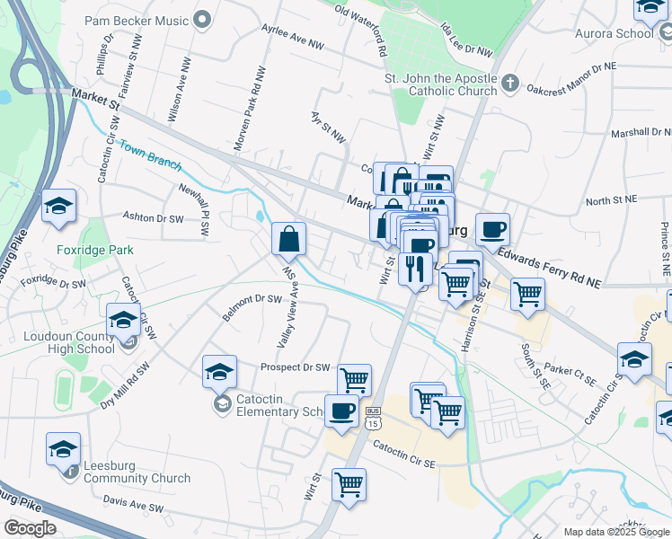 map of restaurants, bars, coffee shops, grocery stores, and more near 121 Rivanna Terrace Southwest in Leesburg