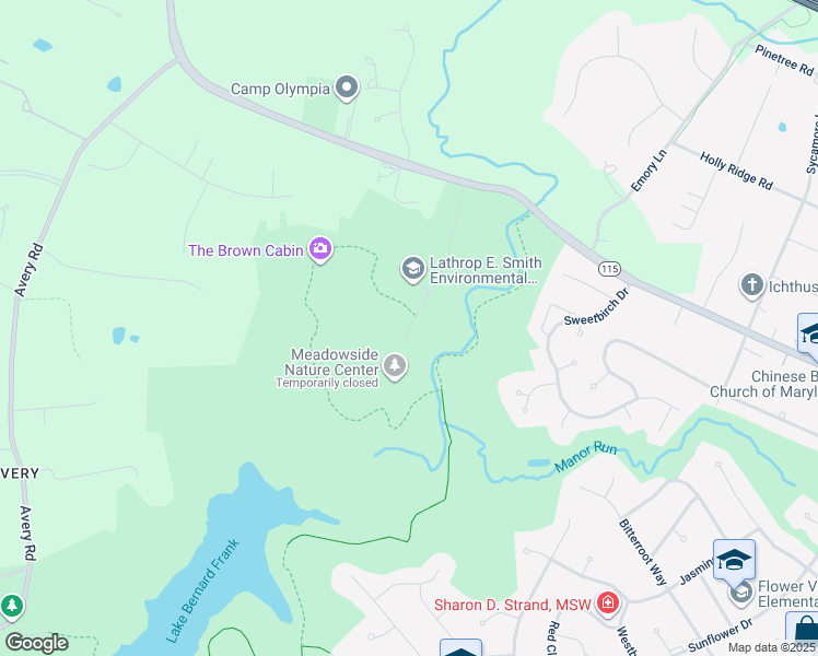 map of restaurants, bars, coffee shops, grocery stores, and more near 5110 Meadowside Lane in Montgomery County
