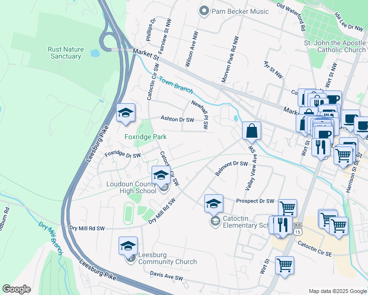 map of restaurants, bars, coffee shops, grocery stores, and more near 208 Primrose Court Southwest in Leesburg