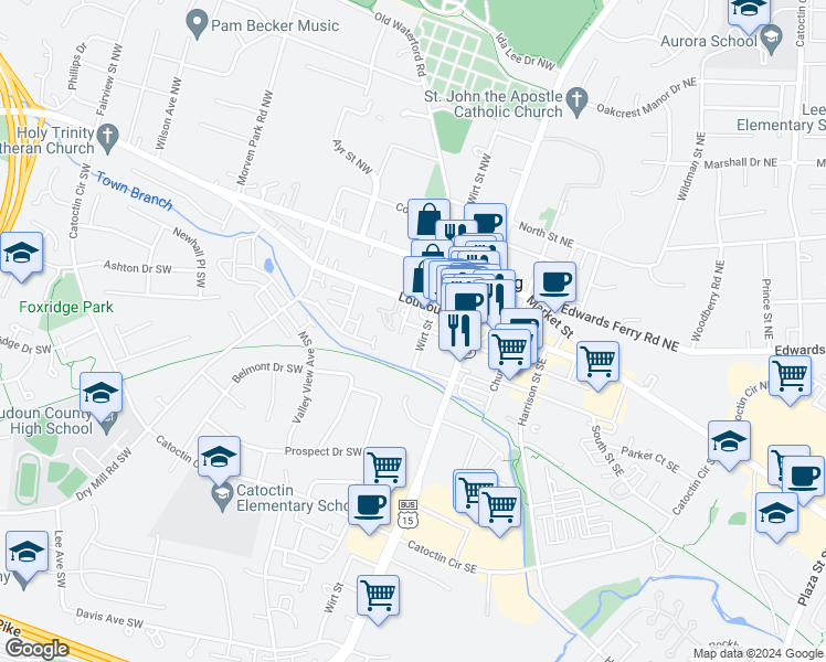 map of restaurants, bars, coffee shops, grocery stores, and more near 109 Royal Street Southwest in Leesburg