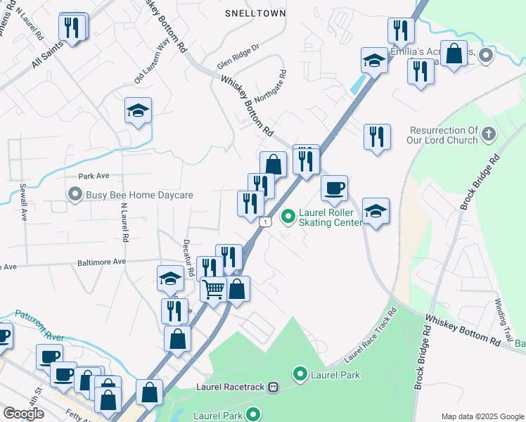 map of restaurants, bars, coffee shops, grocery stores, and more near 9900 Washington Boulevard North in Laurel