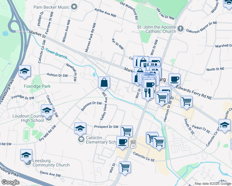 map of restaurants, bars, coffee shops, grocery stores, and more near 125 Meherrin Terrace Southwest in Leesburg
