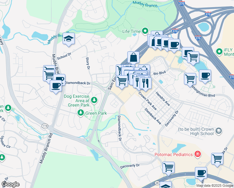 map of restaurants, bars, coffee shops, grocery stores, and more near 510 Diamondback Drive in Gaithersburg