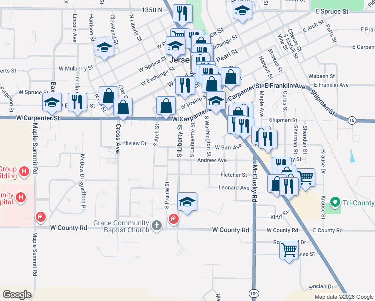 map of restaurants, bars, coffee shops, grocery stores, and more near 600 South Lafayette Street in Jerseyville