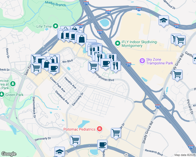 map of restaurants, bars, coffee shops, grocery stores, and more near 9702 Athletic Way in Gaithersburg