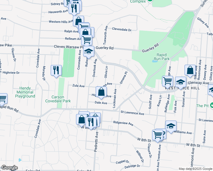 map of restaurants, bars, coffee shops, grocery stores, and more near 4723 Loretta Avenue in Cincinnati