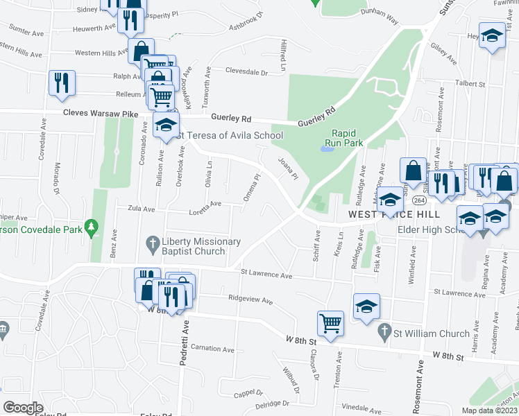 map of restaurants, bars, coffee shops, grocery stores, and more near 1135 Wendover Court in Cincinnati
