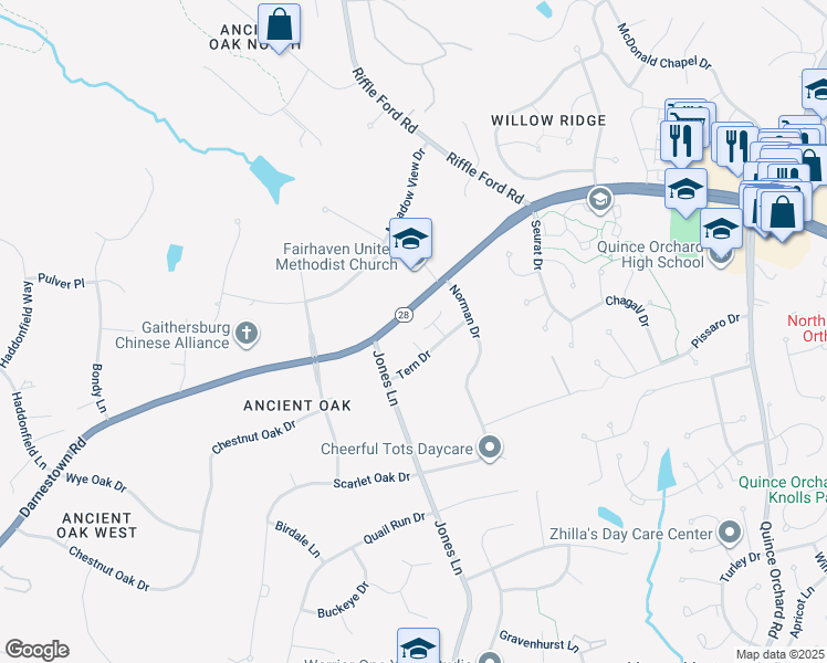 map of restaurants, bars, coffee shops, grocery stores, and more near 12815 Tern Drive in North Potomac