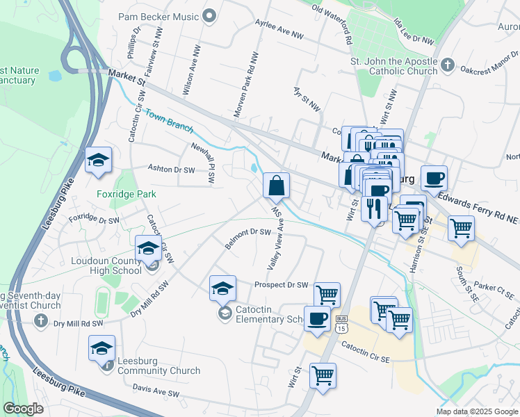 map of restaurants, bars, coffee shops, grocery stores, and more near 208 Dry Mill Road Southwest in Leesburg