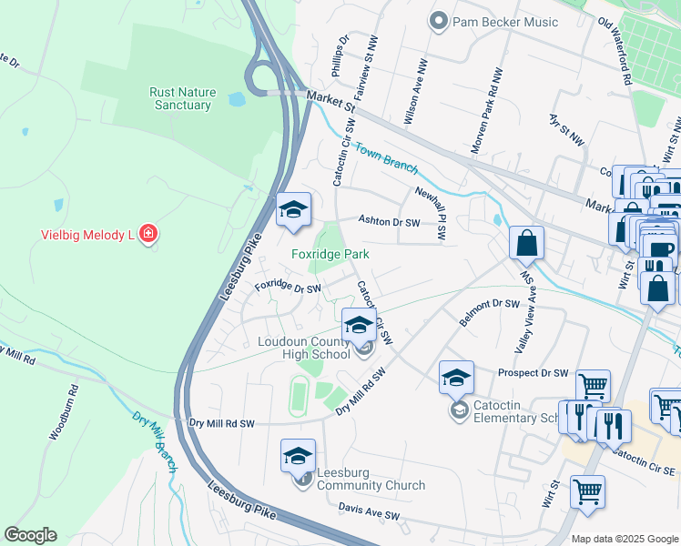 map of restaurants, bars, coffee shops, grocery stores, and more near 307 Foxridge Drive Southwest in Leesburg