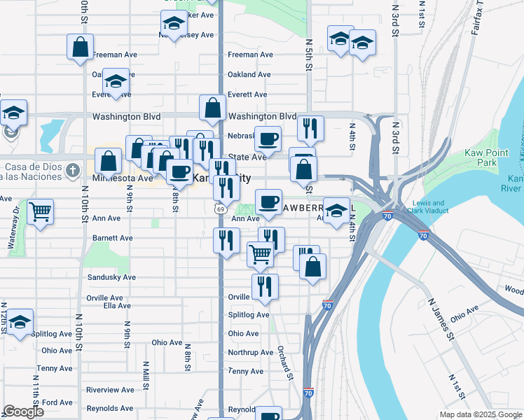 map of restaurants, bars, coffee shops, grocery stores, and more near 810 North 6th Street in Kansas City
