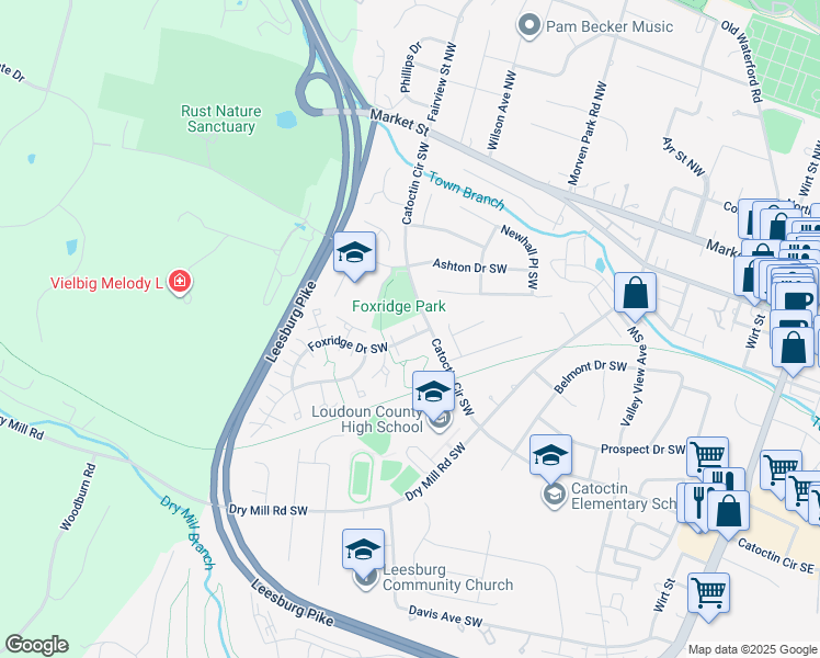 map of restaurants, bars, coffee shops, grocery stores, and more near 307 Foxridge Drive Southwest in Leesburg