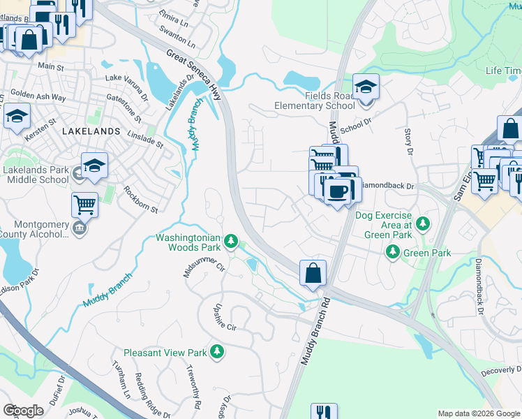 map of restaurants, bars, coffee shops, grocery stores, and more near 305 Fleece Flower Drive in Gaithersburg
