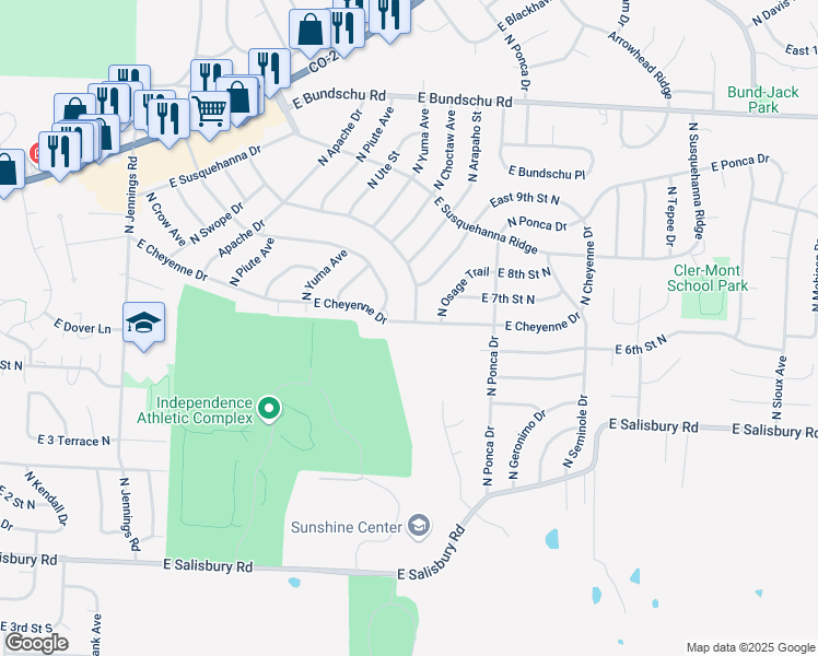 map of restaurants, bars, coffee shops, grocery stores, and more near 18107 East Cheyenne Drive in Independence