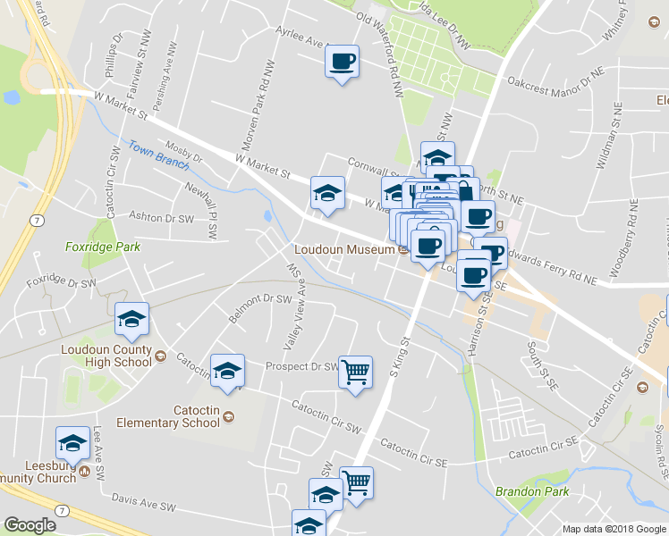 map of restaurants, bars, coffee shops, grocery stores, and more near 123 Meherrin Terrace Southwest in Leesburg
