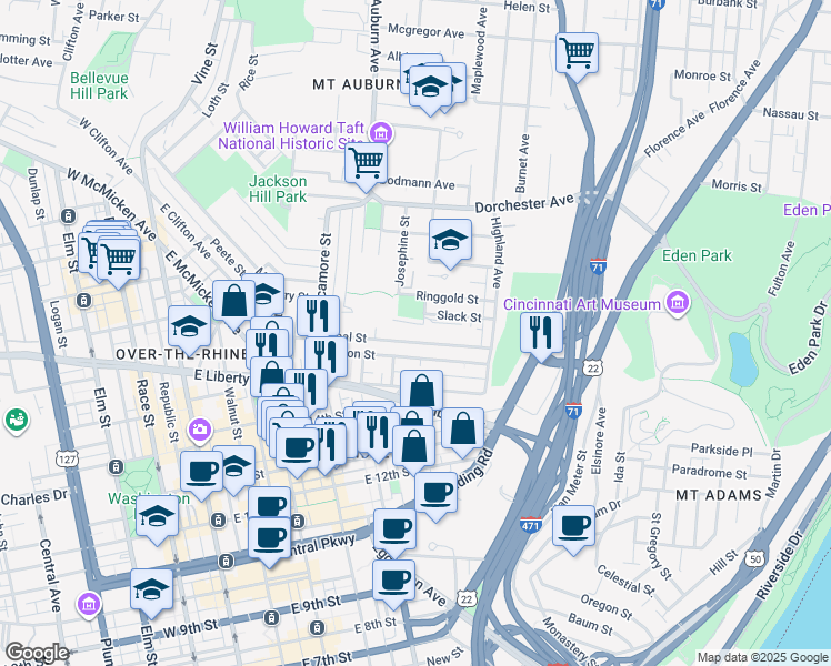 map of restaurants, bars, coffee shops, grocery stores, and more near 440 Boal St in Cincinnati