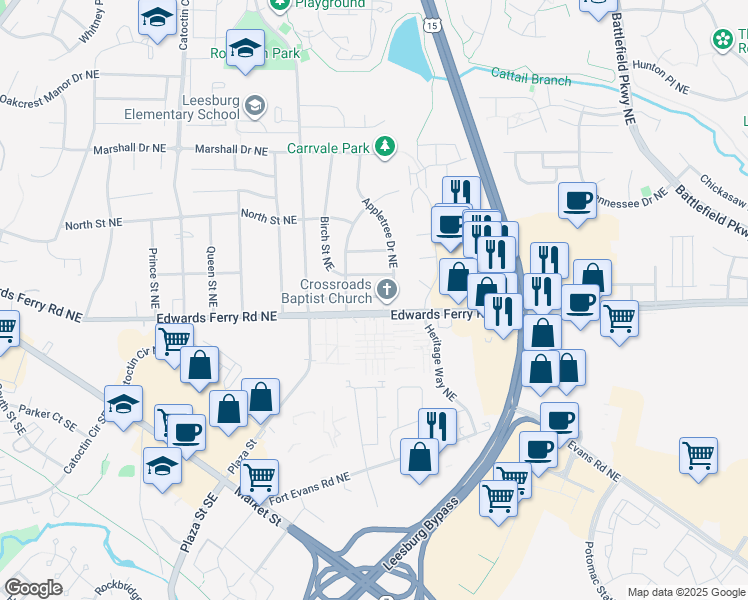 map of restaurants, bars, coffee shops, grocery stores, and more near 80 Appletree Drive Northeast in Leesburg