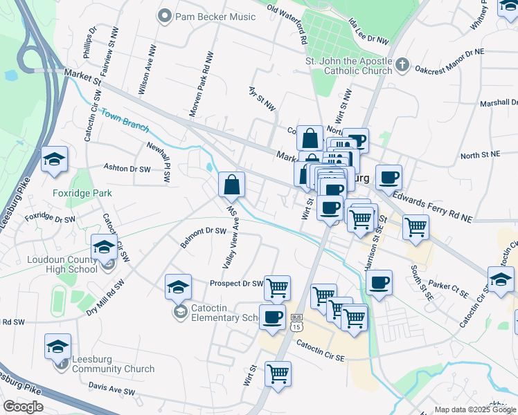 map of restaurants, bars, coffee shops, grocery stores, and more near 123 Meherrin Terrace Southwest in Leesburg
