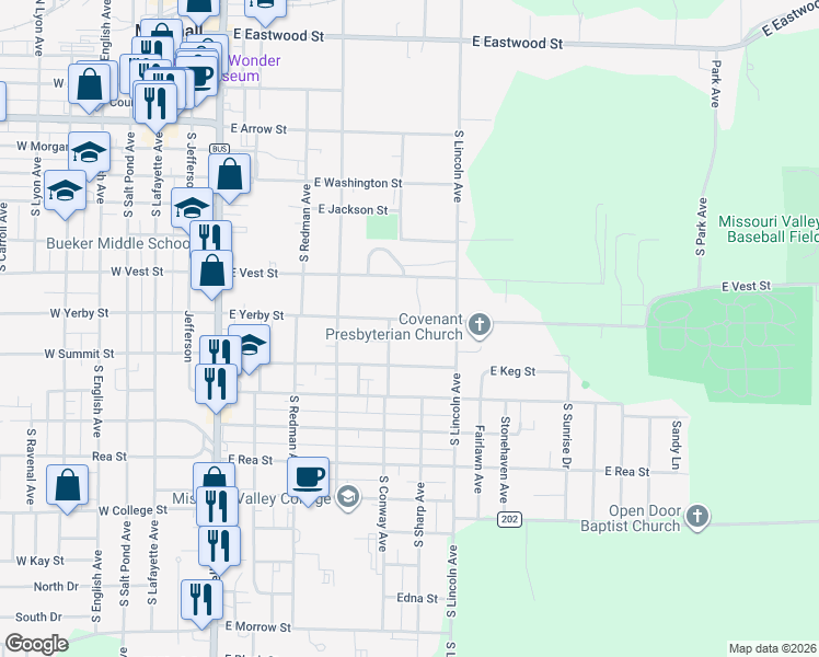 map of restaurants, bars, coffee shops, grocery stores, and more near 628 East Yerby Street in Marshall