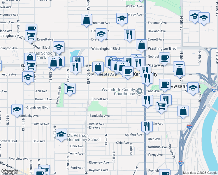 map of restaurants, bars, coffee shops, grocery stores, and more near 809 North 9th Street in Kansas City